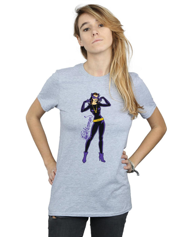 Sports Grey - Back - DC Comics Womens-Ladies Catwoman Happy Pose Cotton Boyfriend T-Shirt