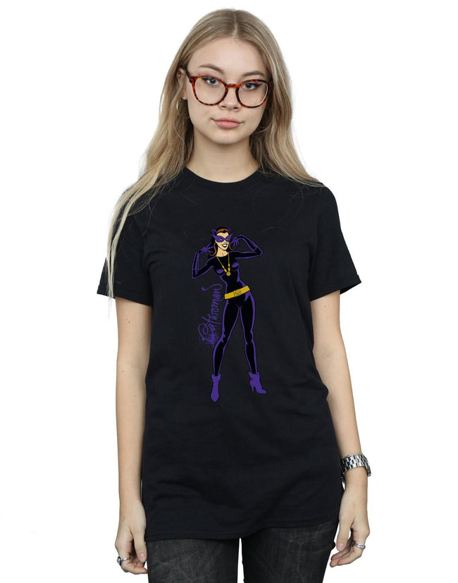 Black - Back - DC Comics Womens-Ladies Catwoman Happy Pose Cotton Boyfriend T-Shirt