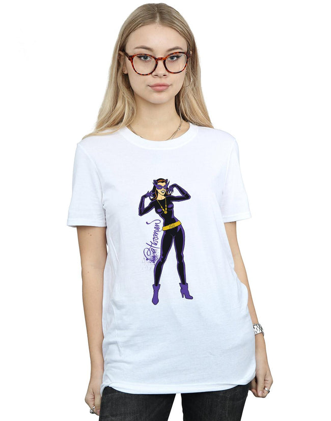 White - Back - DC Comics Womens-Ladies Catwoman Happy Pose Cotton Boyfriend T-Shirt
