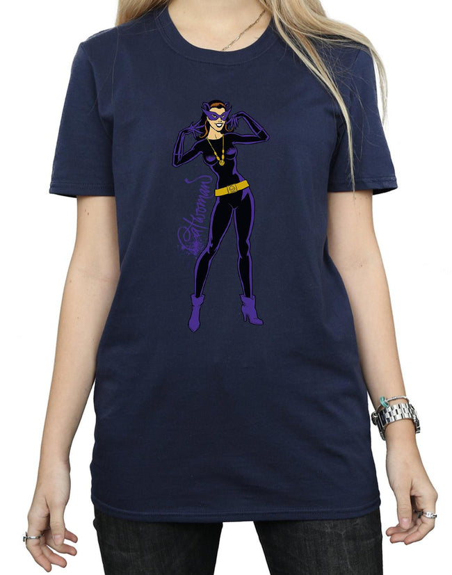 Navy Blue - Side - DC Comics Womens-Ladies Catwoman Happy Pose Cotton Boyfriend T-Shirt