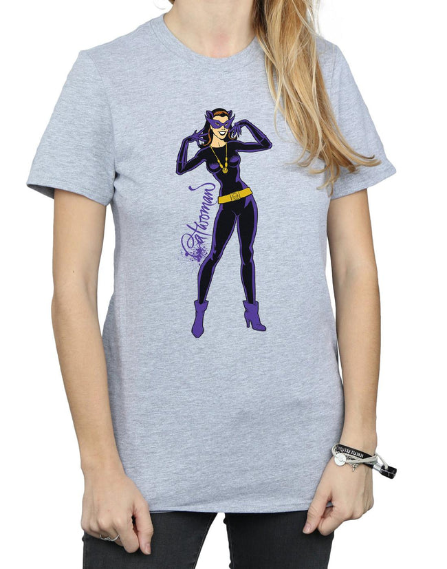 Sports Grey - Side - DC Comics Womens-Ladies Catwoman Happy Pose Cotton Boyfriend T-Shirt