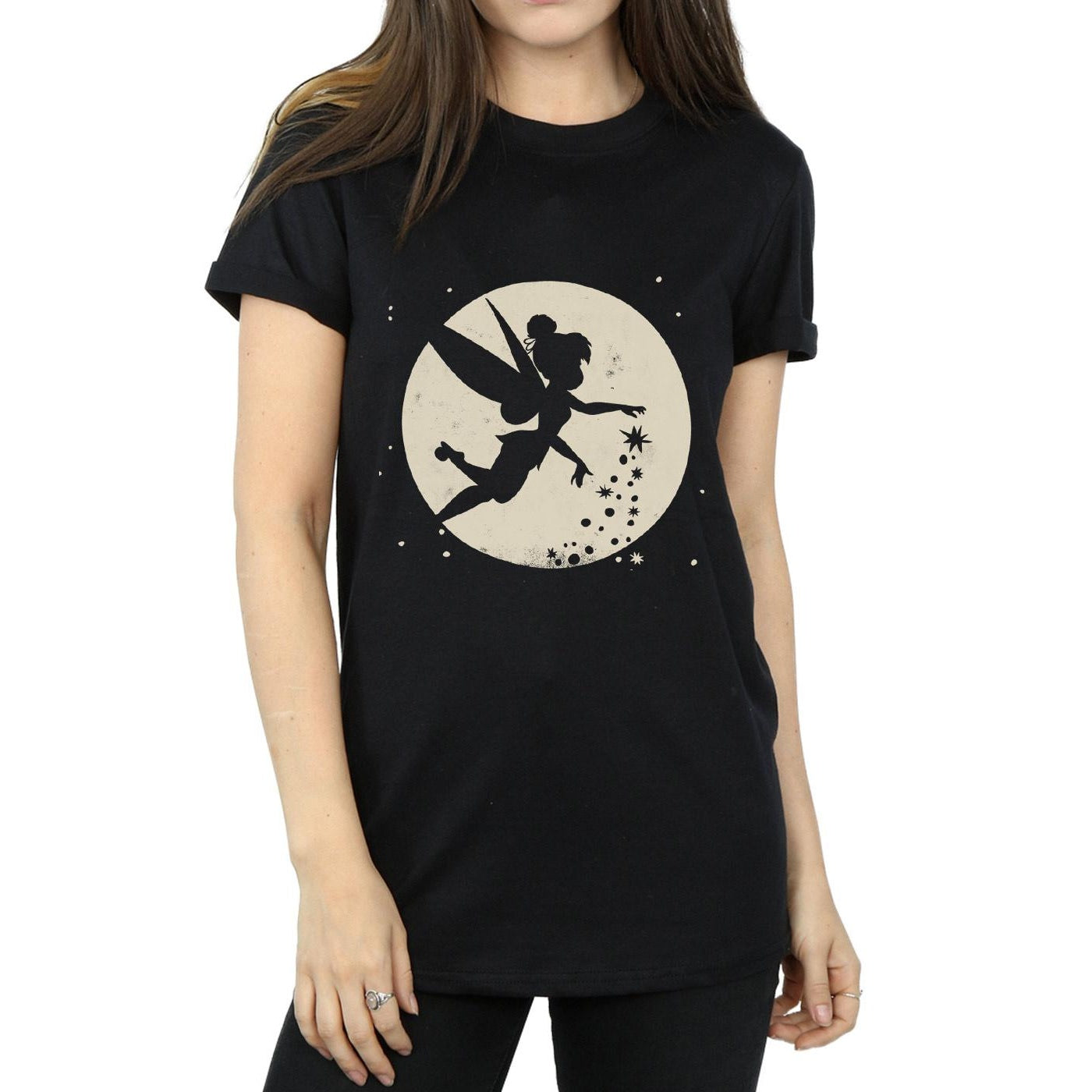 Black - Close up - Tinkerbell Womens-Ladies Moon Cotton Boyfriend Crop T-Shirt