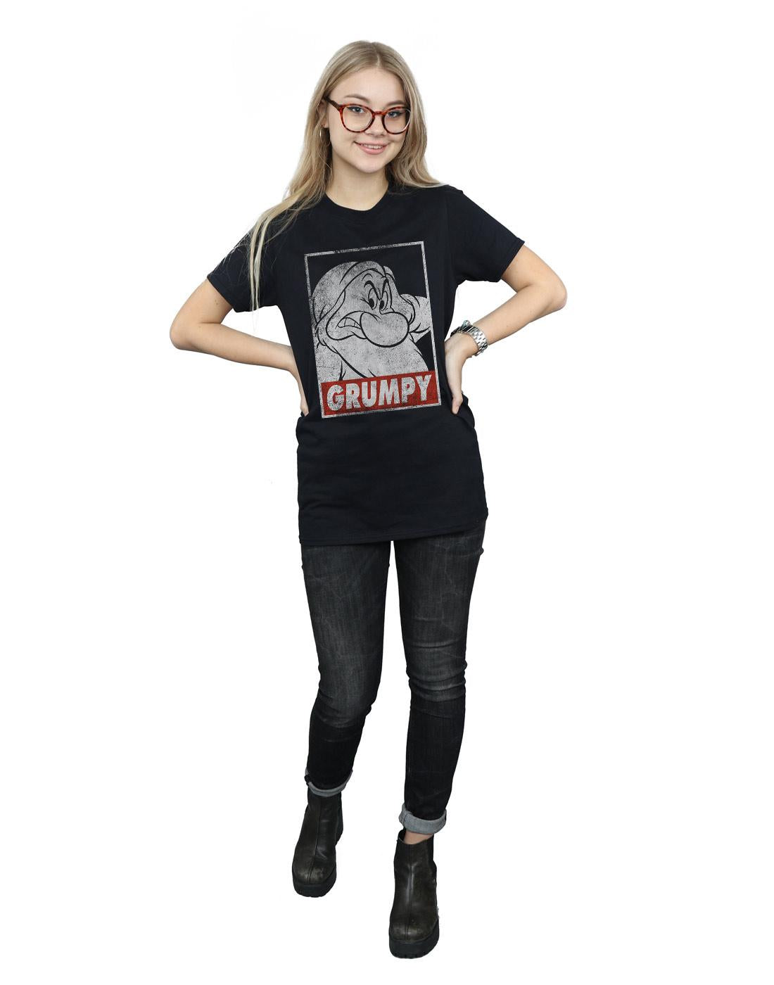 Black - Close up - Snow White And The Seven Dwarfs Womens-Ladies Grumpy Poster Cotton Boyfriend T-Shirt