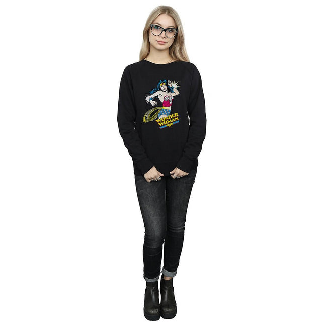 Black - Side - Wonder Woman Womens-Ladies Lasso Cotton Sweatshirt