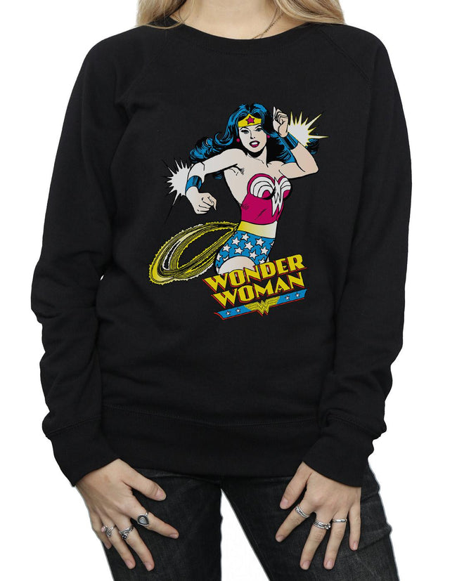 Black - Pack Shot - Wonder Woman Womens-Ladies Lasso Cotton Sweatshirt