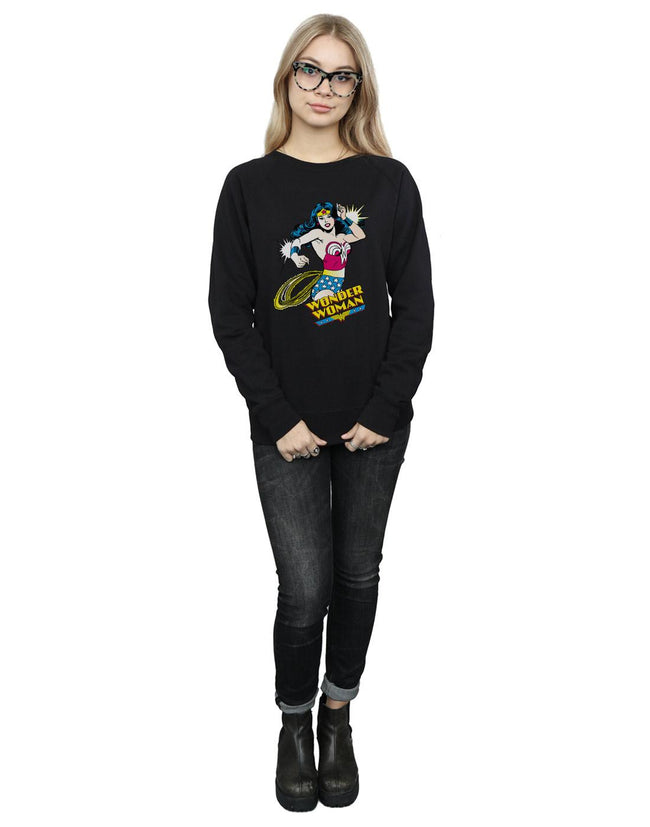 Black - Close up - Wonder Woman Womens-Ladies Lasso Cotton Sweatshirt