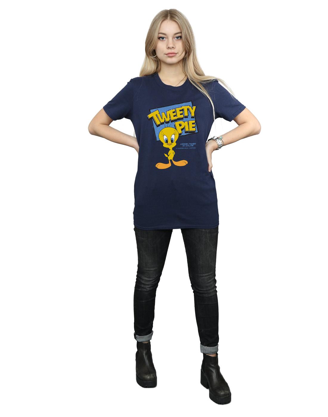 Navy Blue - Close up - Looney Tunes Womens-Ladies Tweety Cotton Boyfriend T-Shirt