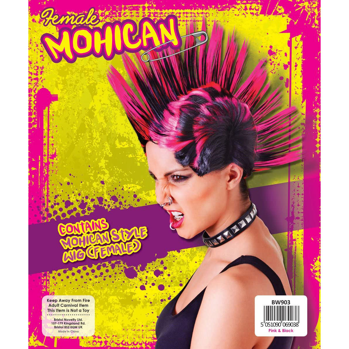 Black-Pink - Back - Bristol Novelty Womens-Ladies Mohican Wig