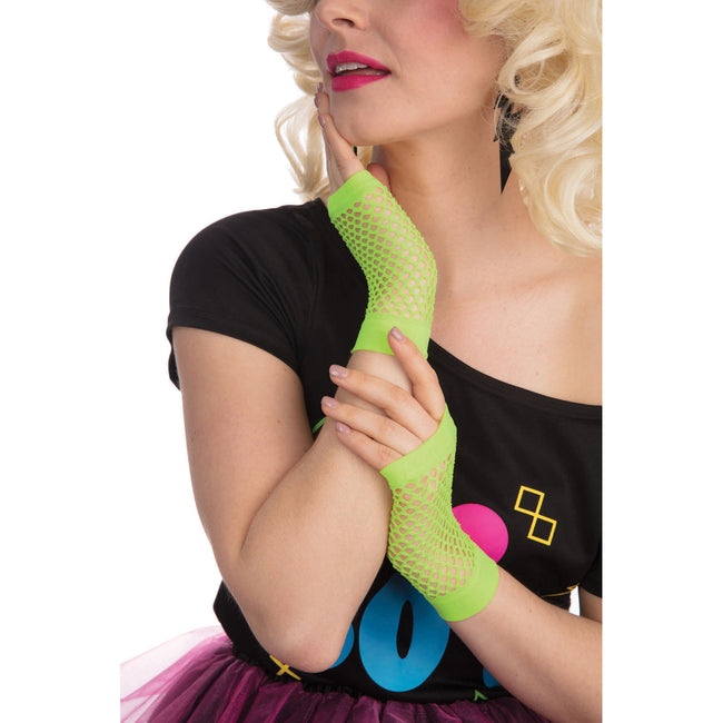Neon Green - Side - Bristol Novelty Unisex Adults Short Fishnet Gloves (1 Pair)