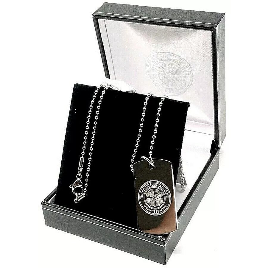 Silver-Black - Back - Celtic FC Stainless Steel Engraved Crest Dog Tag And Chain