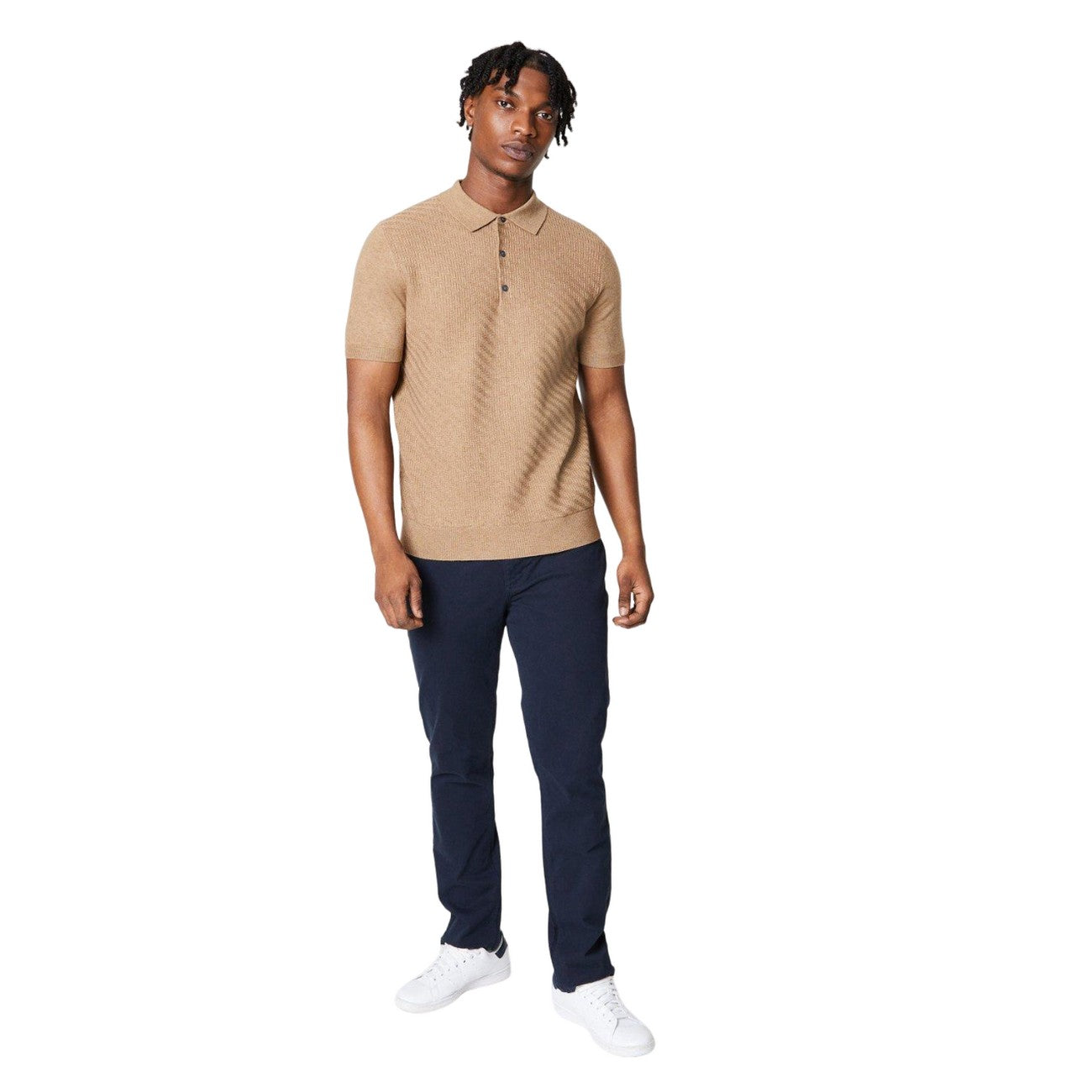 Sand - Side - Burton Mens Herringbone Knitted Polo Shirt