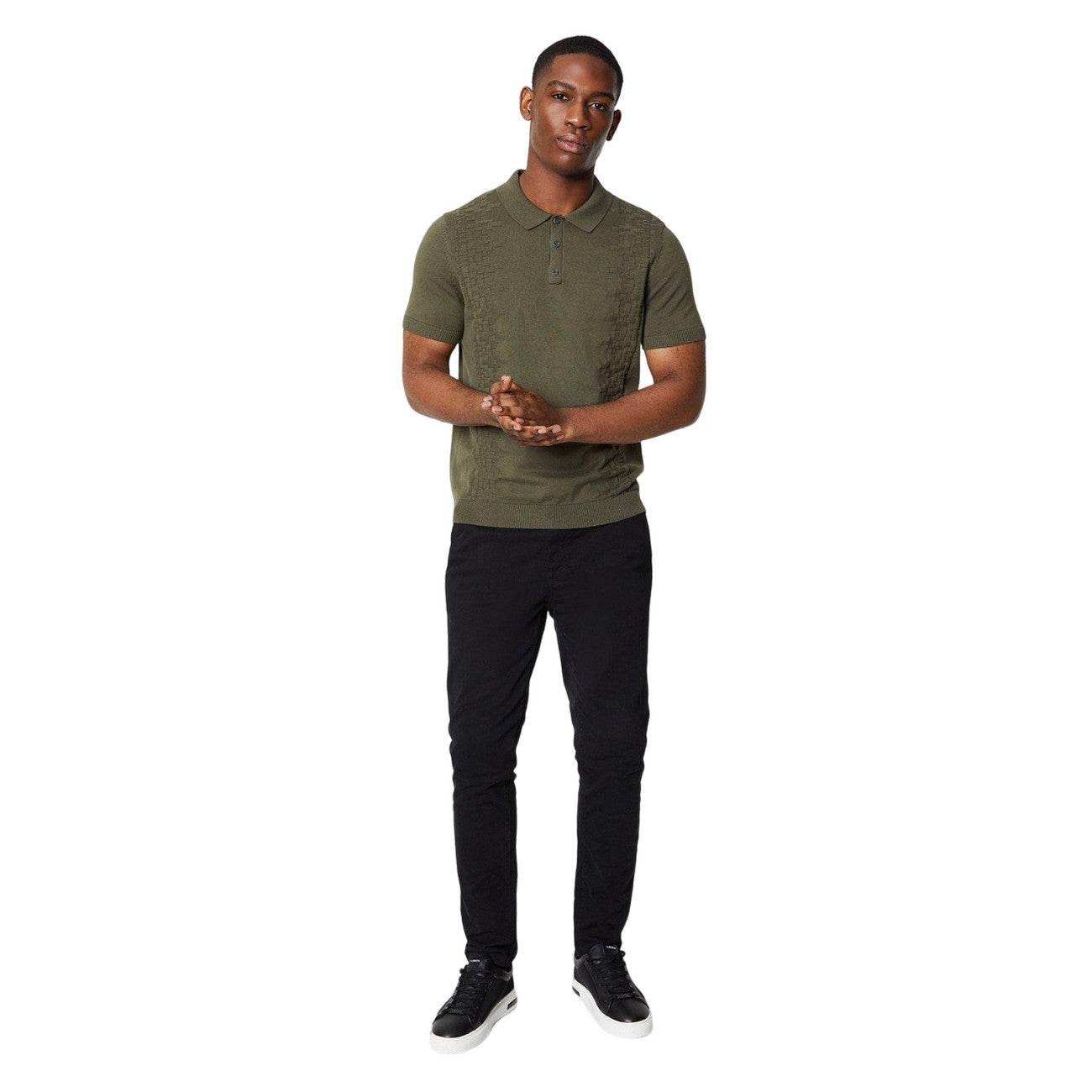 Khaki Green - Side - Burton Mens Placement Textured Knitted Polo Shirt