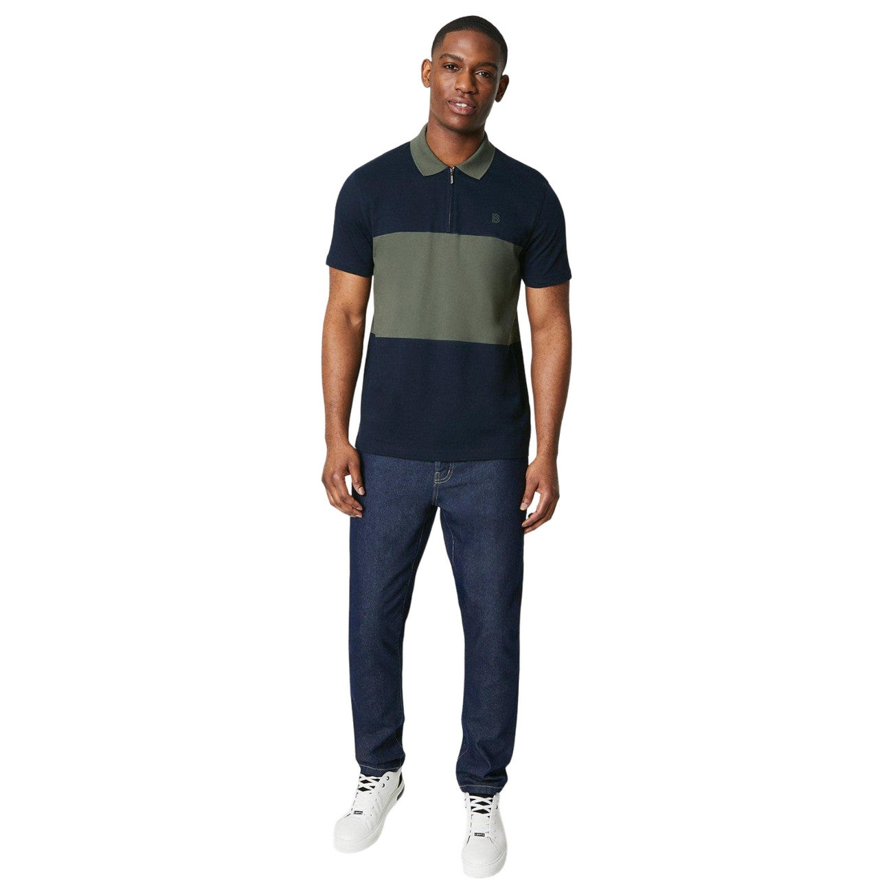 Navy - Side - Burton Mens Block Stripe Zip Neck Polo Shirt