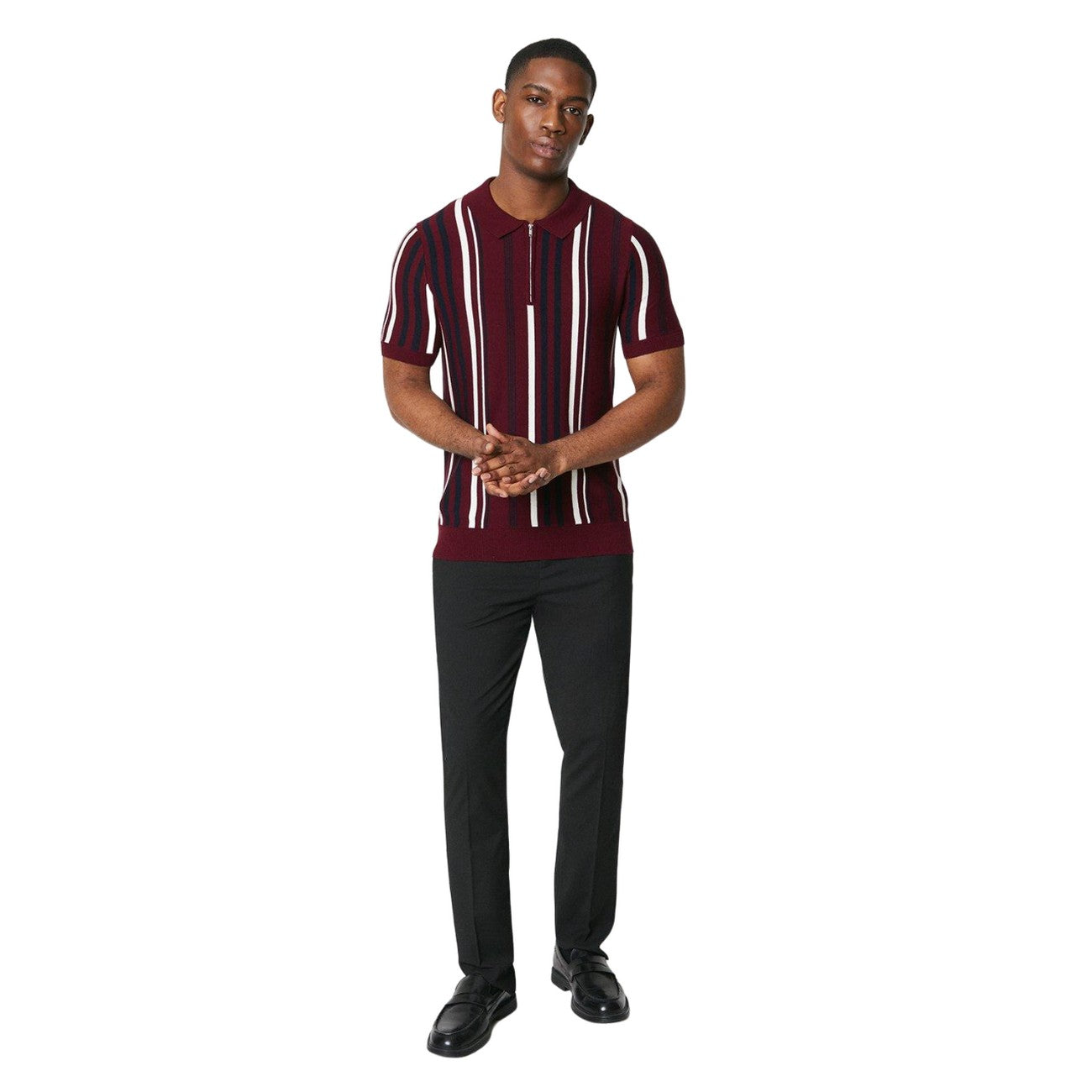 Burgundy - Side - Burton Mens Vertical Stripe Knitted Zip Neck Polo Shirt