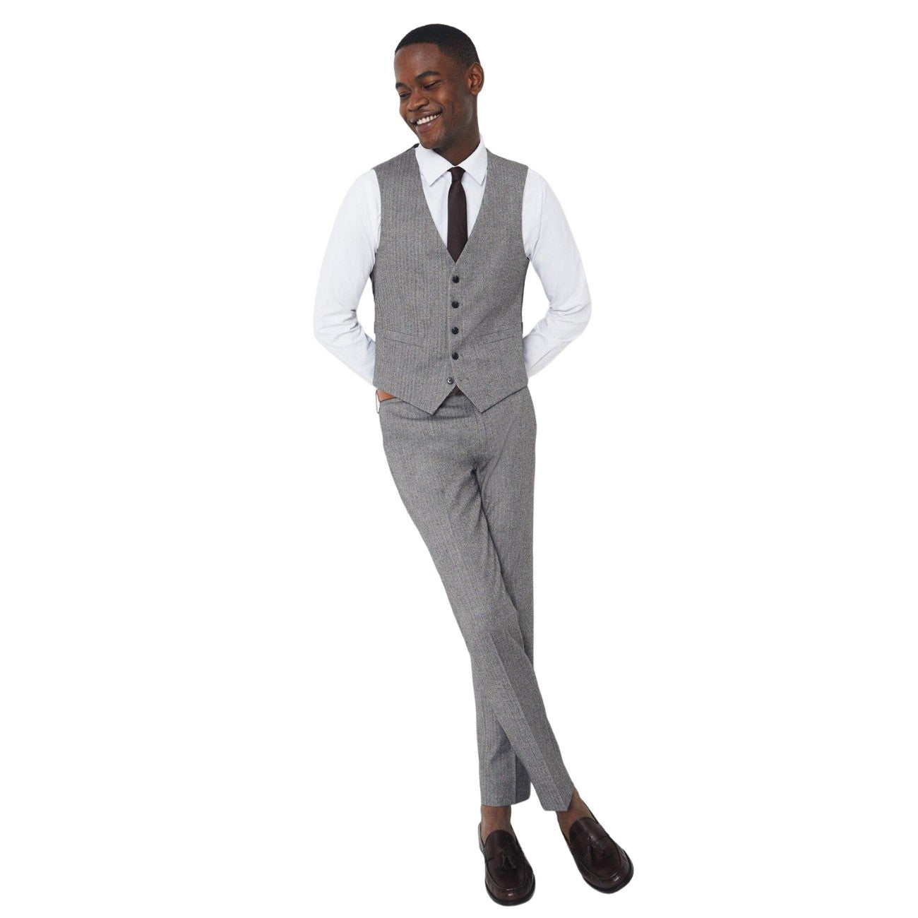 Grey - Lifestyle - Burton Mens Herringbone Slim Waistcoat