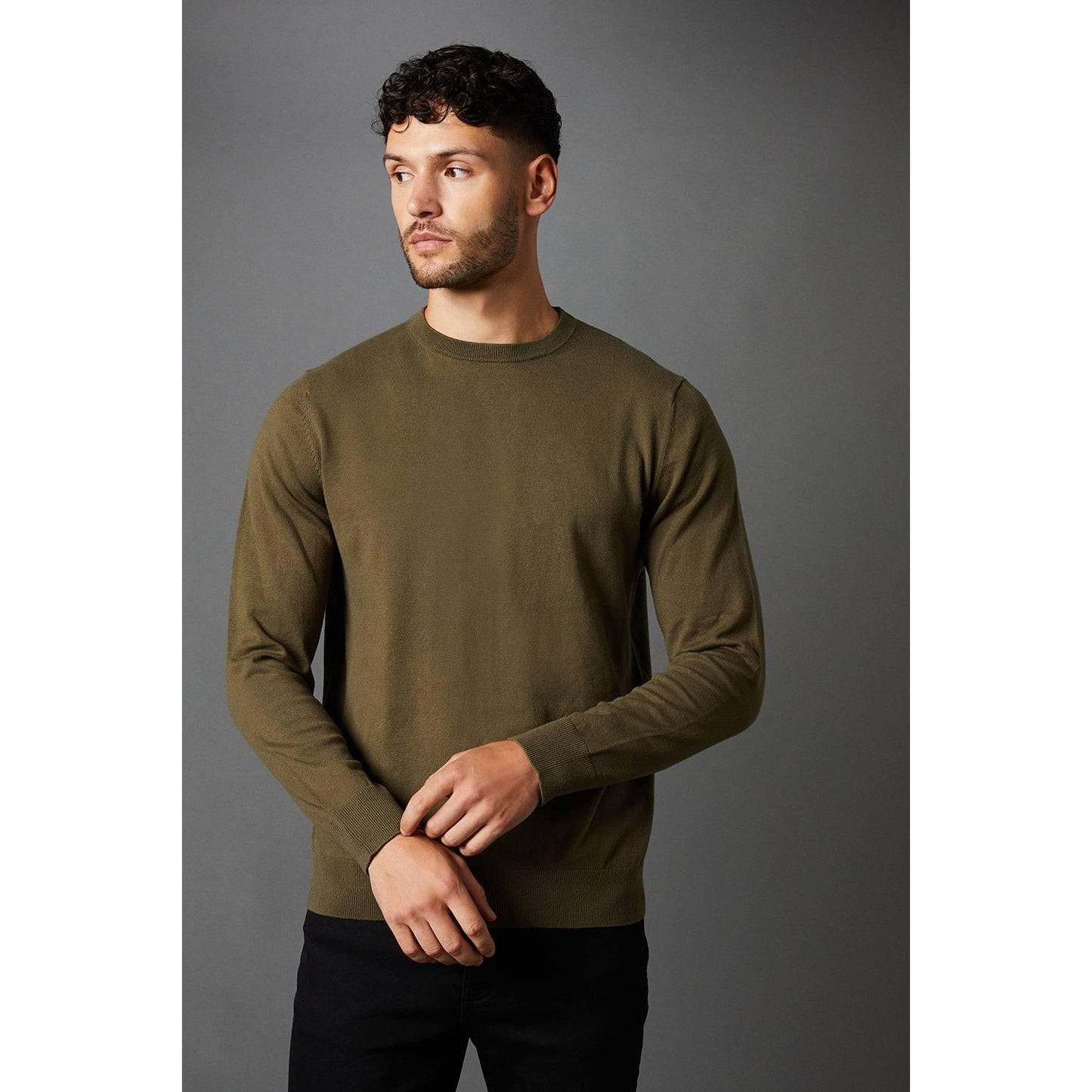 Khaki Green - Front - Burton Mens Rich Cotton Crew Neck Jumper