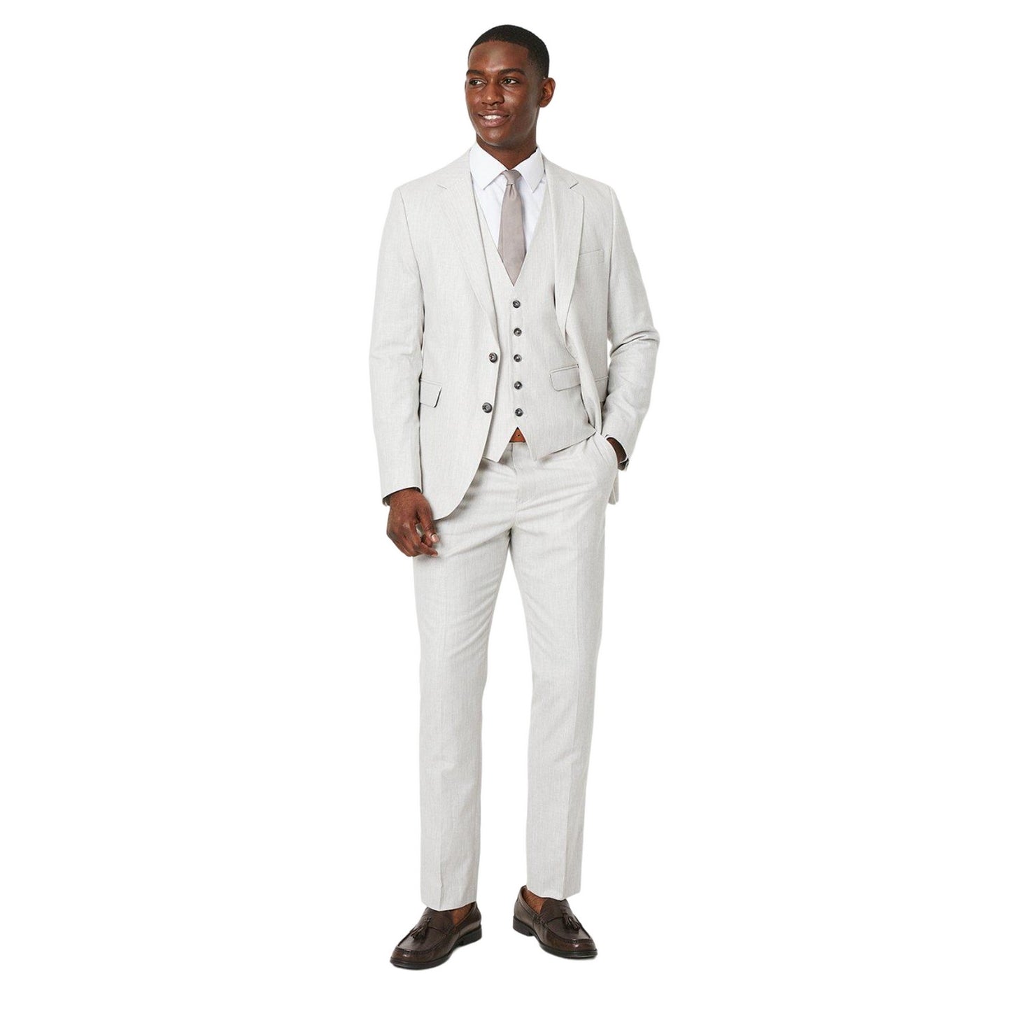 Pale Grey - Side - Burton Mens Linen Blend Slim Suit Trousers