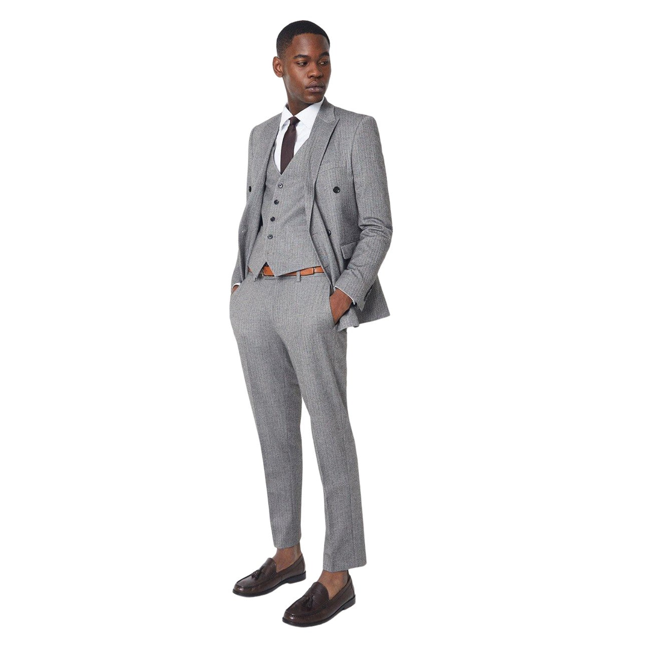 Grey - Lifestyle - Burton Mens Herringbone Slim Tailored Suit Trousers