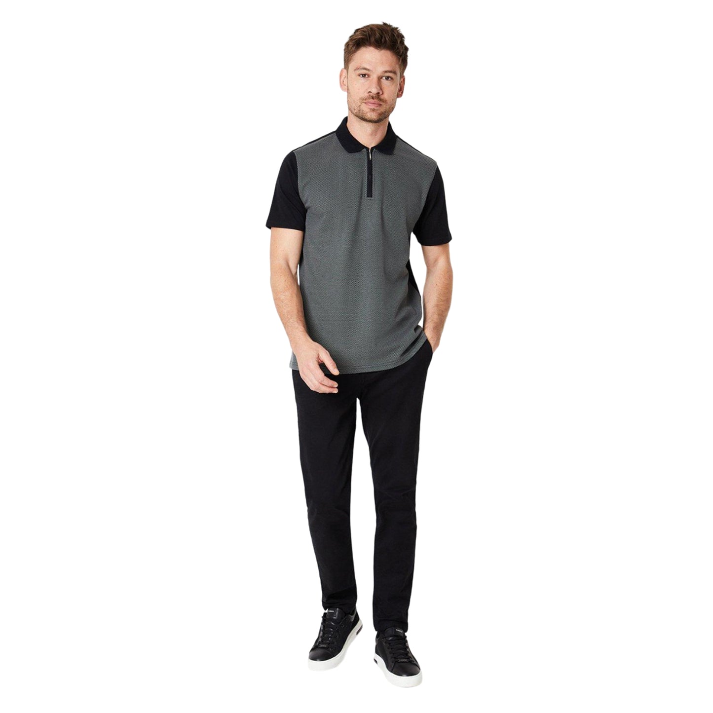 Grey - Side - Burton Mens Popcorn Textured Zip Neck Polo Shirt