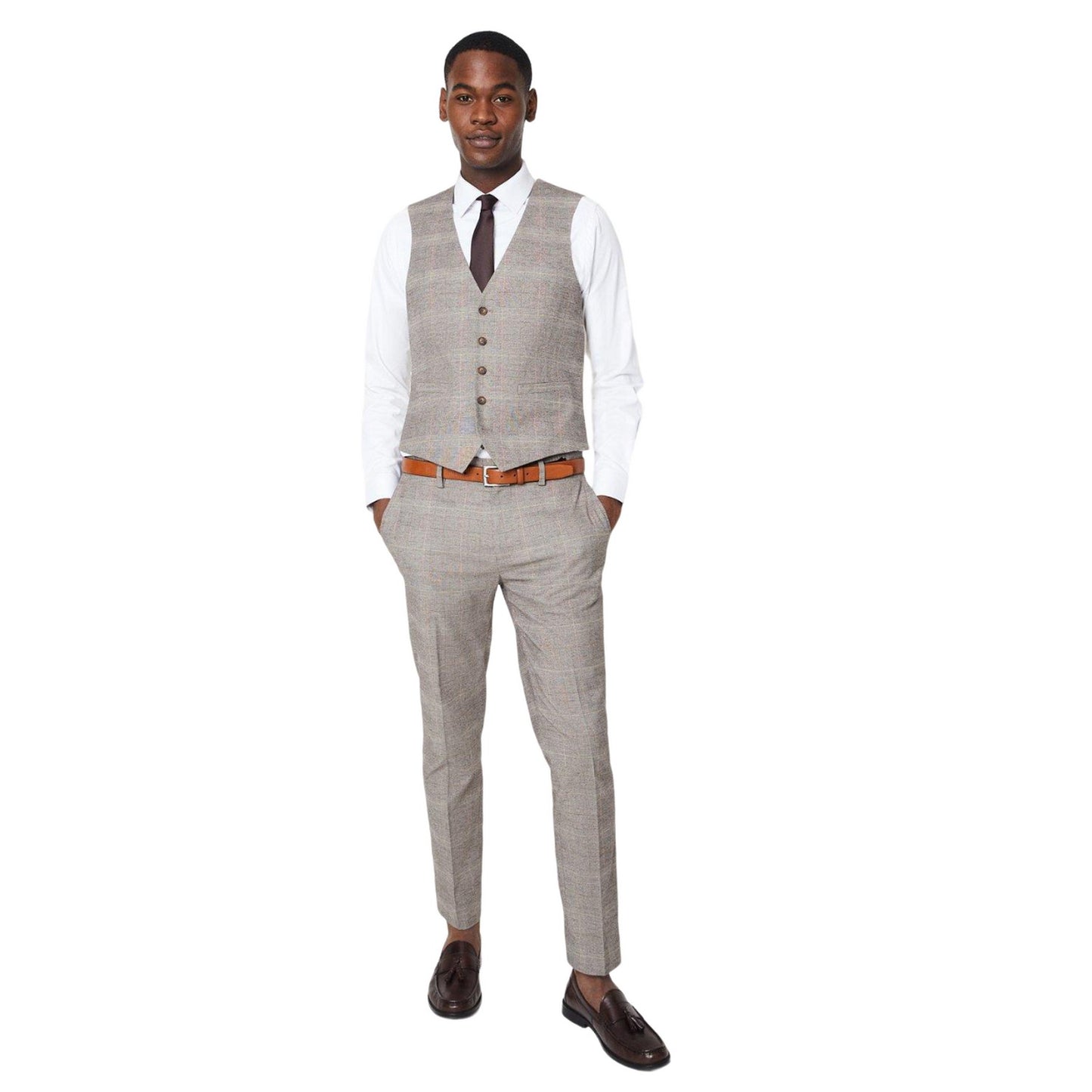 Neutral - Side - Burton Mens Heritage Checked Slim Wedding Waistcoat