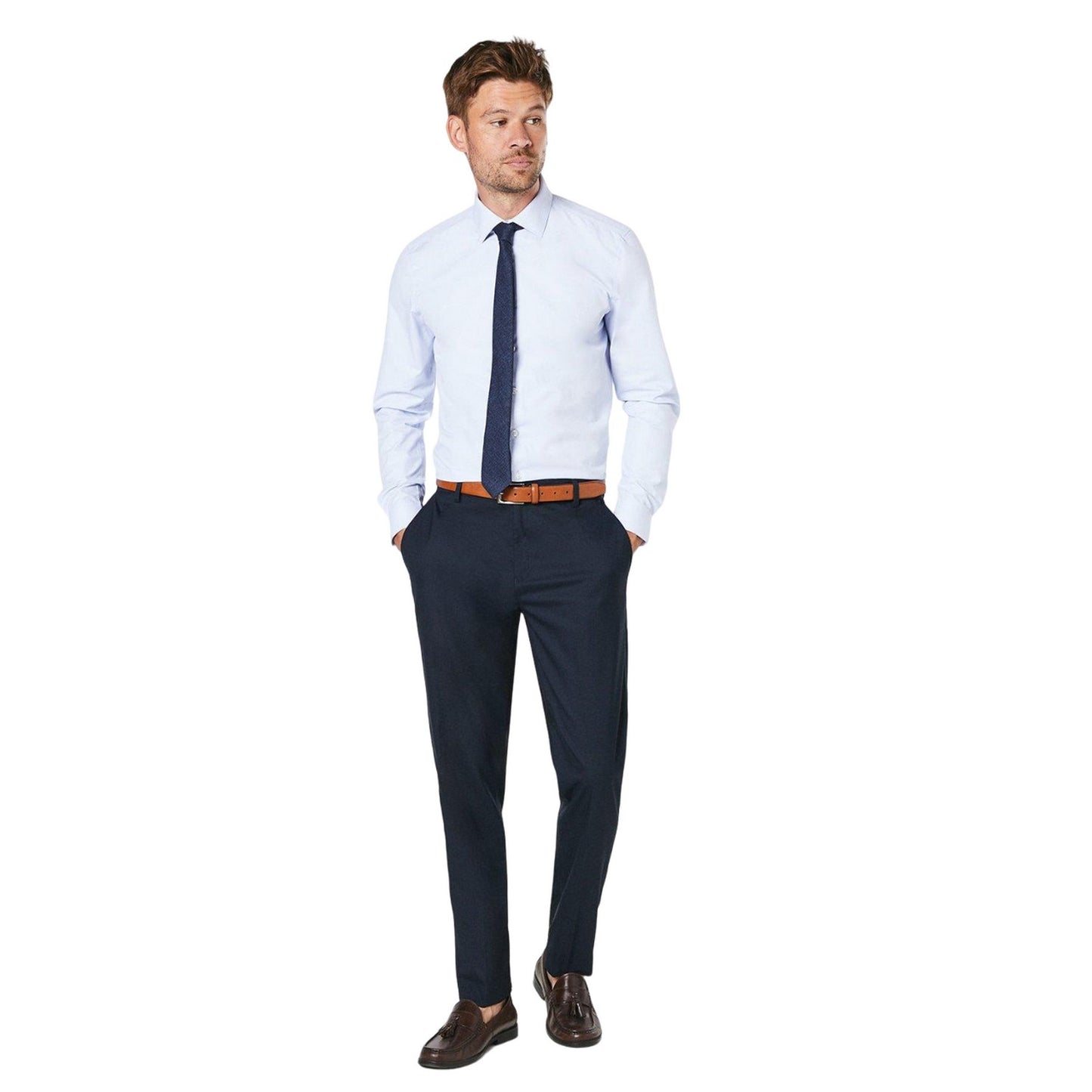 Light Blue - Side - Burton Mens Dobby Easy-Iron Slim Formal Shirt