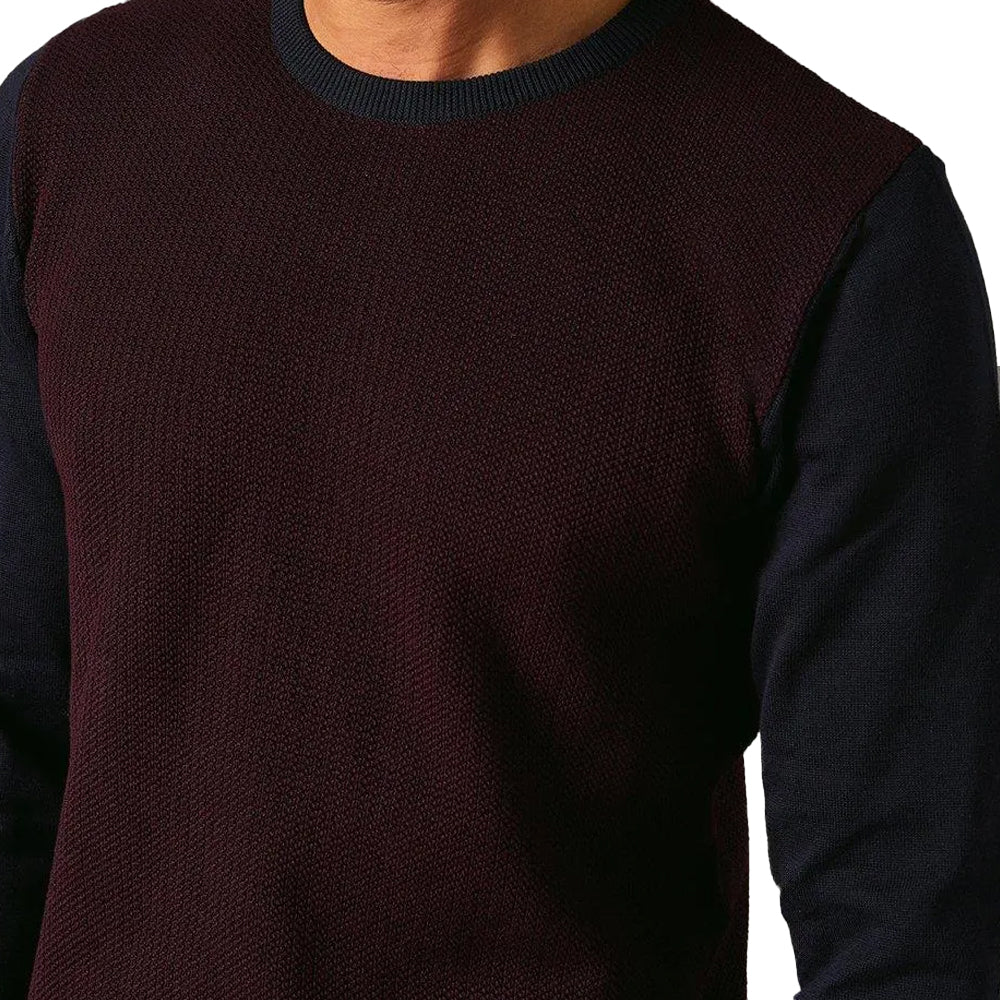 Burgundy - Back - Burton Mens Jacquard Crew Neck Contrast Sleeves Jumper