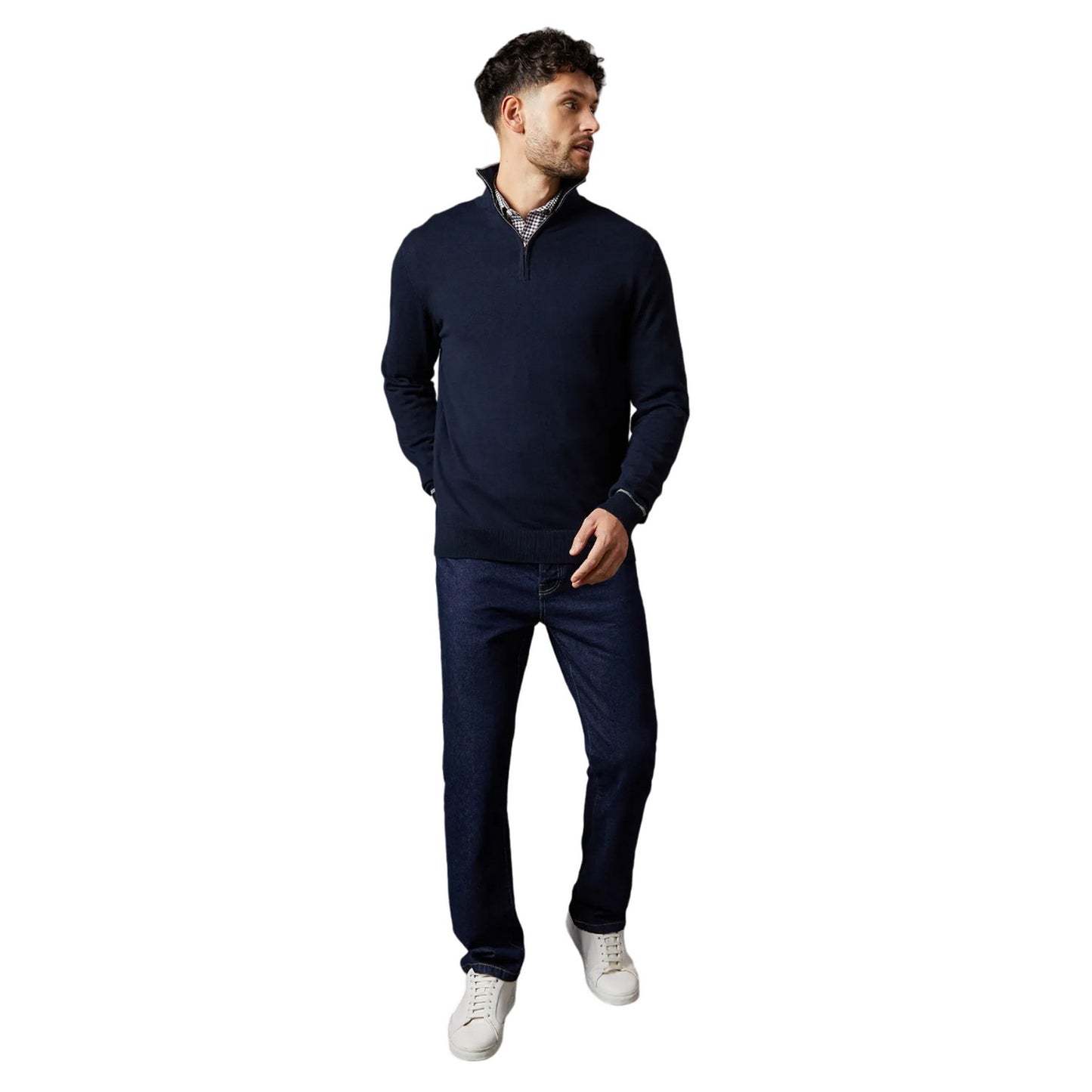 Navy - Side - Burton Mens Cotton Quarter Zip Jumper