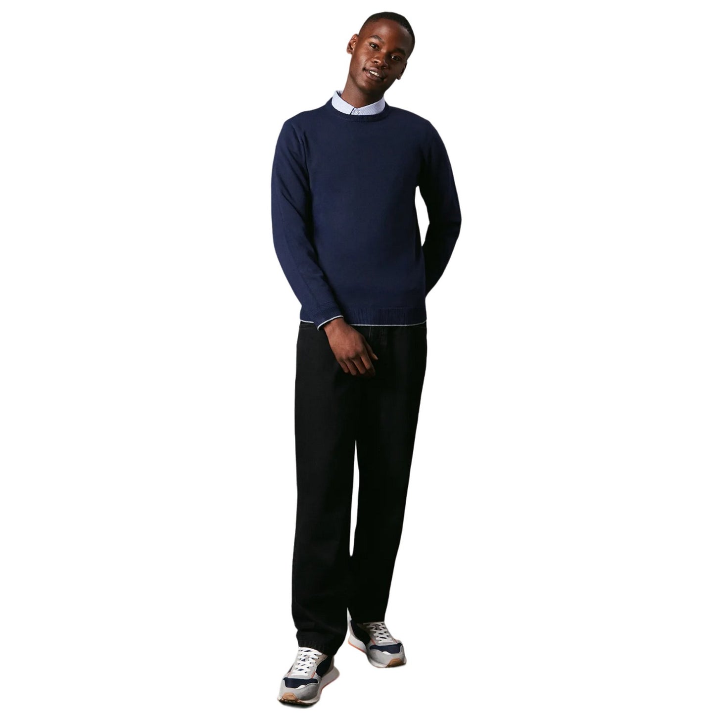 Navy - Side - Burton Mens Knitted Crew Neck Jumper