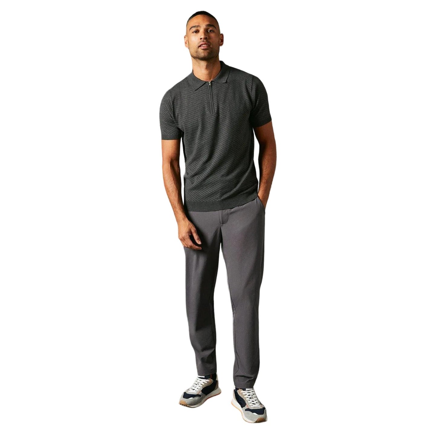 Charcoal - Side - Burton Mens Diagonal Stitch Knitted Polo Shirt