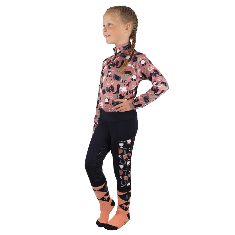 Blush-Navy - Back - Little Rider Girls Pony Passion Base Layer Top