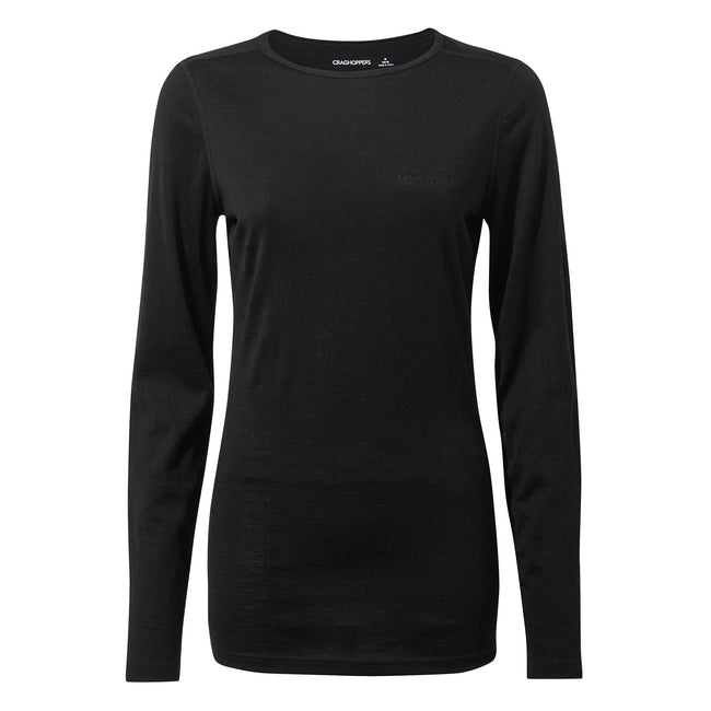 Black - Front - Craghoppers Womens-Ladies Merino Crew Neck Long Sleeve Baselayer II Top
