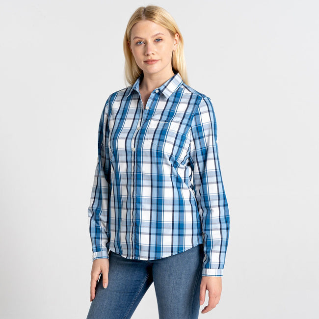 Yale Blue - Pack Shot - Craghoppers Womens-Ladies Kiwi II Check Long-Sleeved Shirt