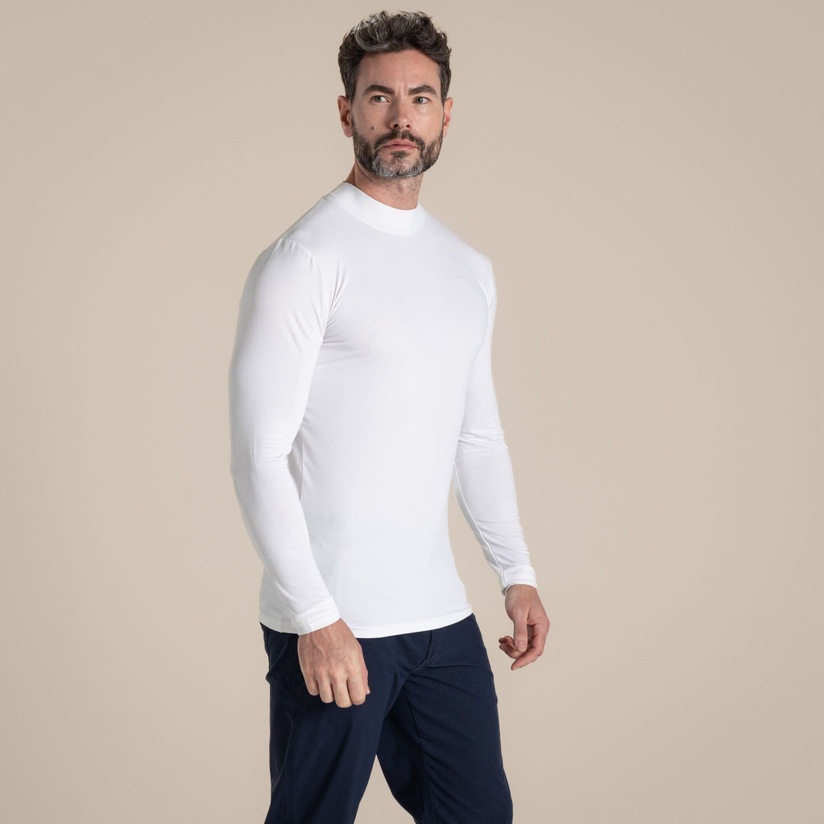 White - Close up - Craghoppers Mens Mock Neck Long-Sleeved Golf Top