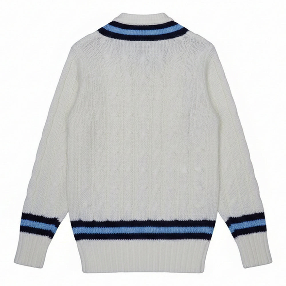 Off White-Navy-Sky Blue - Back - Carta Sport Mens Cricket Jumper