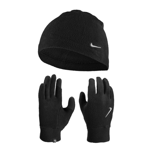 Black - Front - Nike Fleece Logo Beanie & Gloves Set