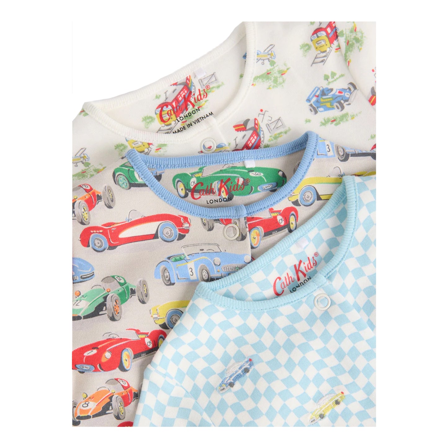Blue-Green - Side - Cath Kidston Baby Retro Cars Babygrow (Pack of 3)