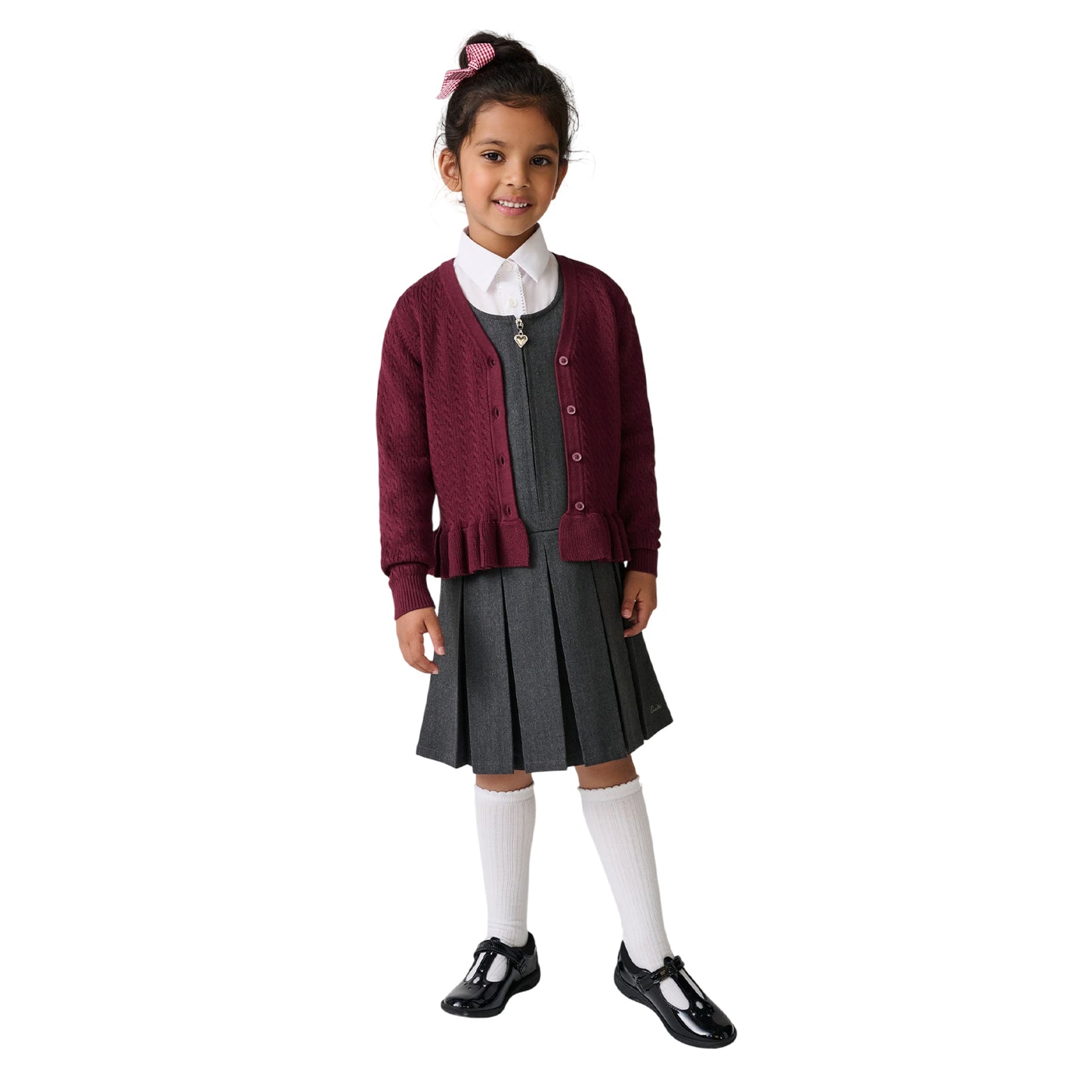 Burgundy - Lifestyle - Clarks Girls Cable Knit Frill School Cardigan