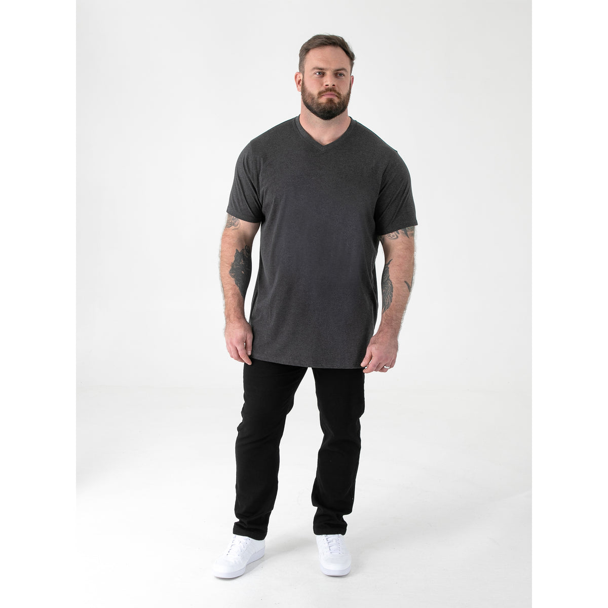 Charcoal Melange - Close up - Duke Mens D555 Signature 2 V Neck T-Shirt