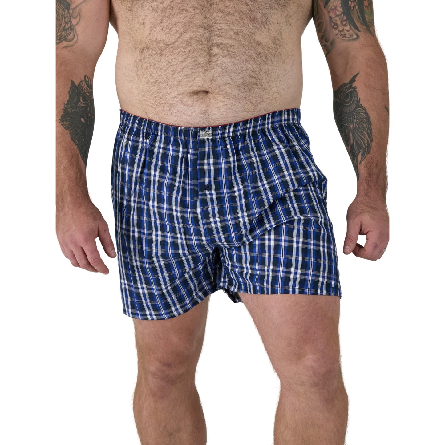 Navy Blue-Red - Close up - Duke Mens D555 Plaid Woven Kingsize Boxer Shorts (Pack of 2)