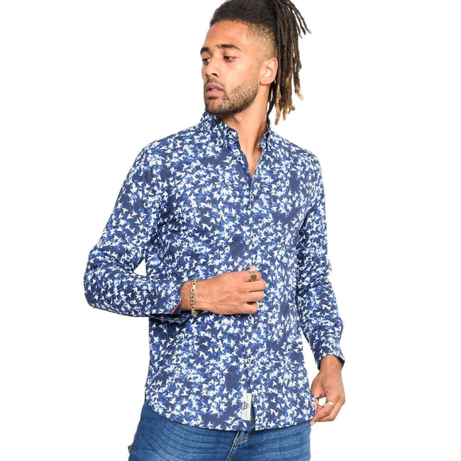 Blue-White - Side - Duke Mens Harrow D555 All-Over Print Long-Sleeved Button-Down Shirt