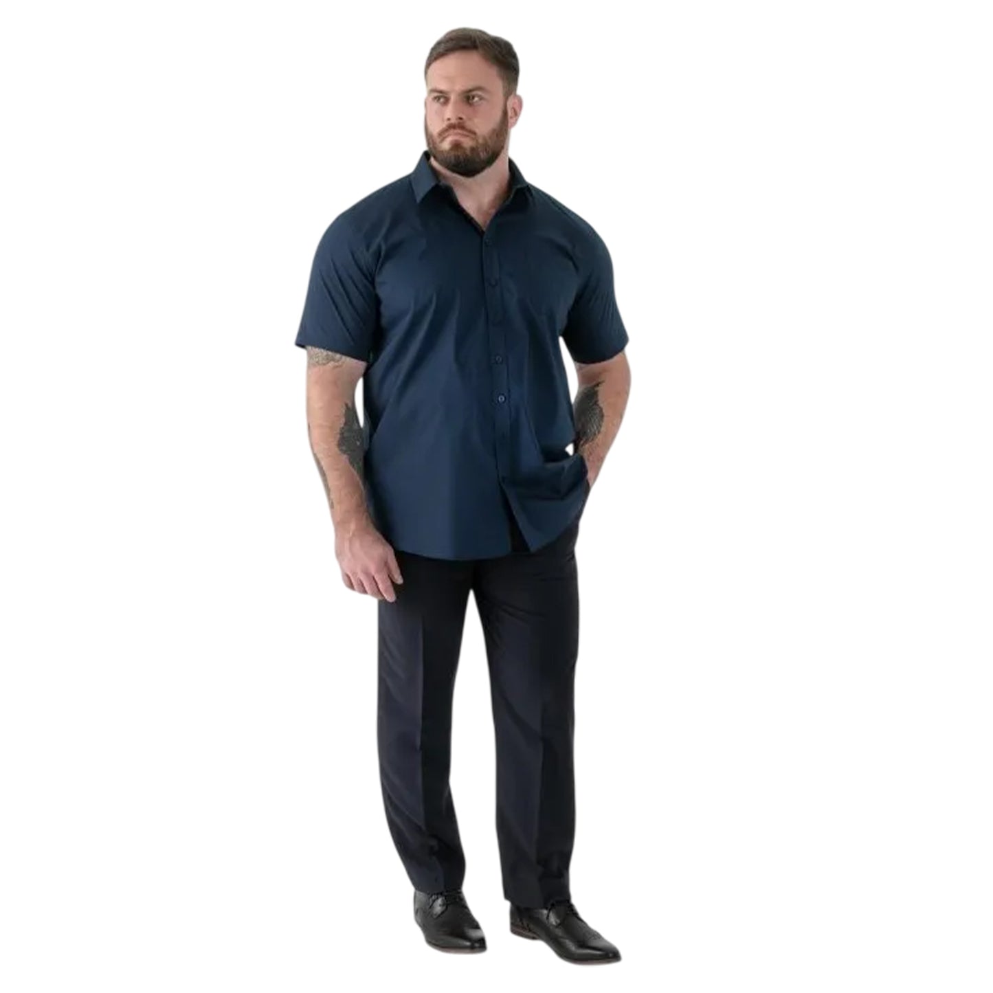 Navy - Side - Duke Mens D555 Lucas Stretch Kingsize Short-Sleeved Shirt