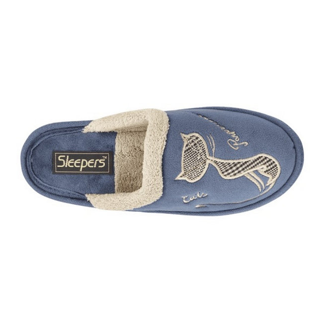 Navy - Back - Boulevard Womens-Ladies Cat Motif Cuff Mule Slippers