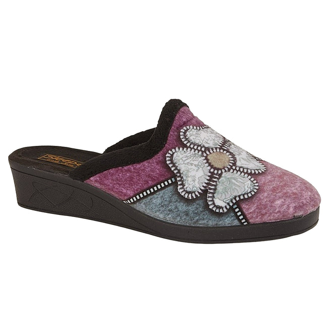 Black-Purple-Blue-Silver - Back - Sleepers Womens-Ladies Kimberly Flower Trim Mule Slippers