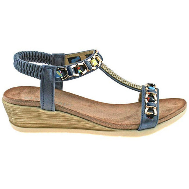 Blue - Back - Cipriata Womens-Ladies Brizia Jeweled Elasticated Halter Back Wedge Sandal