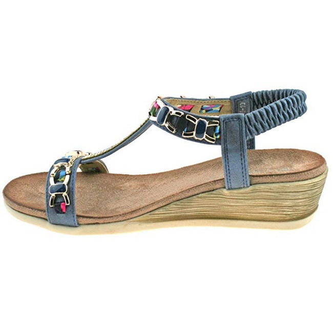 Blue - Side - Cipriata Womens-Ladies Brizia Jeweled Elasticated Halter Back Wedge Sandal