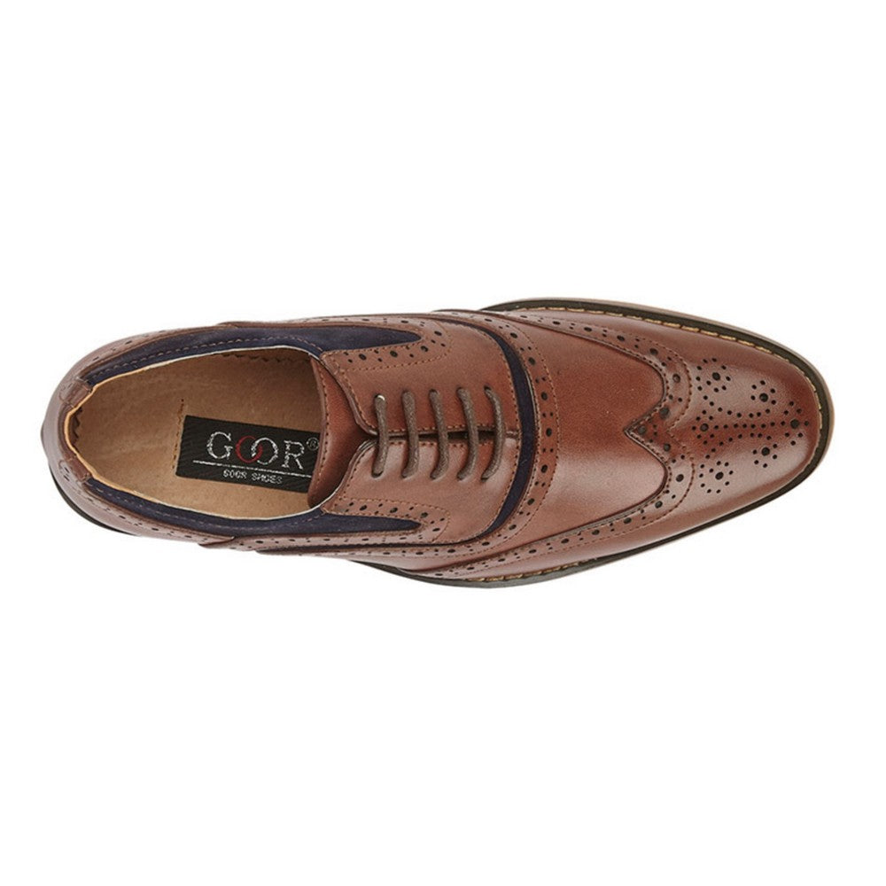Dark Tan-Navy - Back - Goor Childrens-Boys Leather 5 Eye Wing Capped Brogue Oxford Shoe