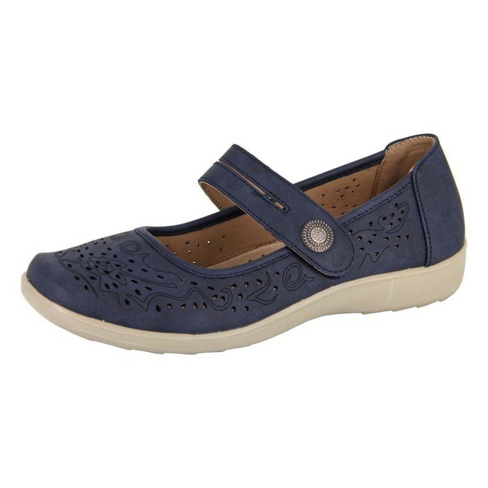 Navy - Back - Boulevard Womens-Ladies Perforated Mary Janes