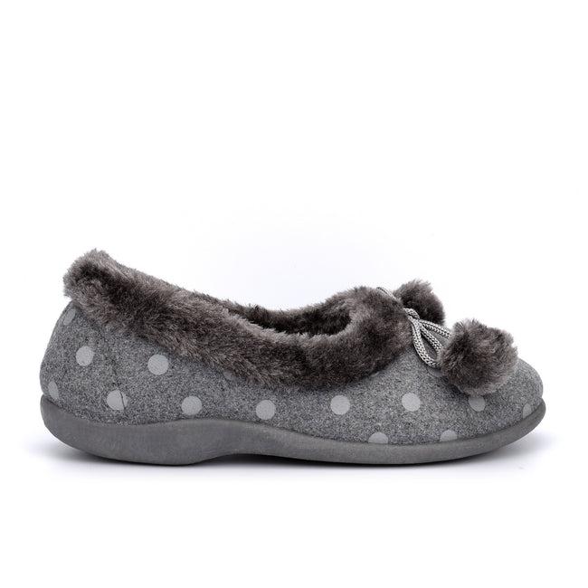 Grey - Back - Sleepers Womens-Ladies Marge Extra Comfort Memory Foam Pom-Pom Polka Dot Cuff Slippers