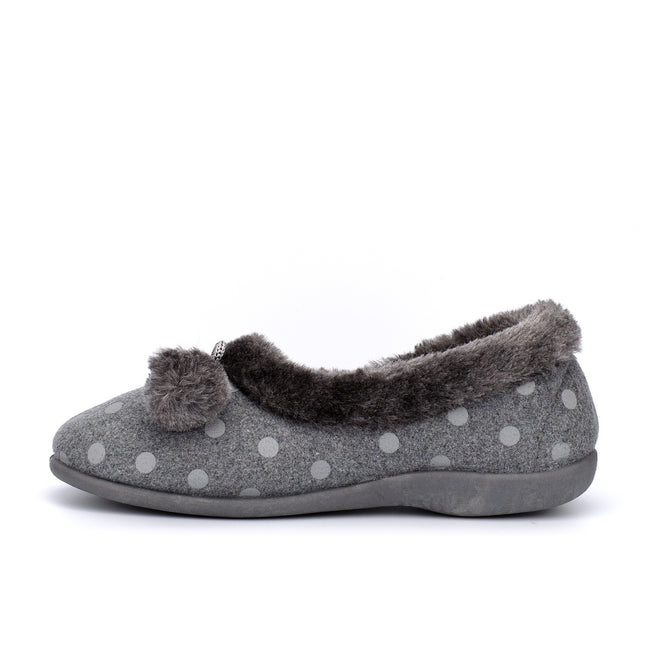 Grey - Side - Sleepers Womens-Ladies Marge Extra Comfort Memory Foam Pom-Pom Polka Dot Cuff Slippers