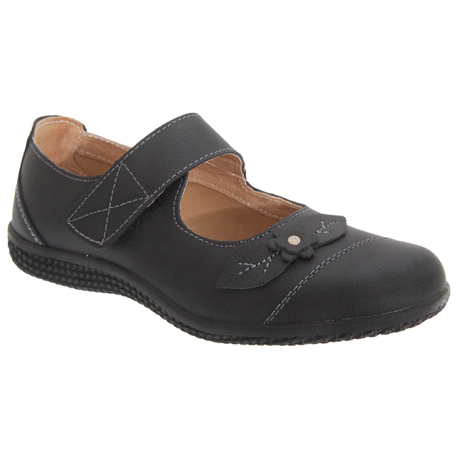 Black - Front - Boulevard Womens-Ladies Touch Fastening Extra Wide Summer Casual Leather Shoes